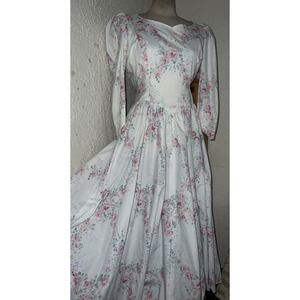 VTG 80s Puff Sleeve Midi Floral Pink Rose Sweetheart Cottagecore Dress Custom 10